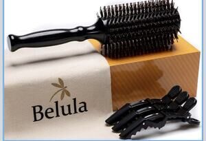 NOB 2.5" Medium Belula 100% Boar Bristle Round Brush w/ 3 Clips & Cleaning Tool